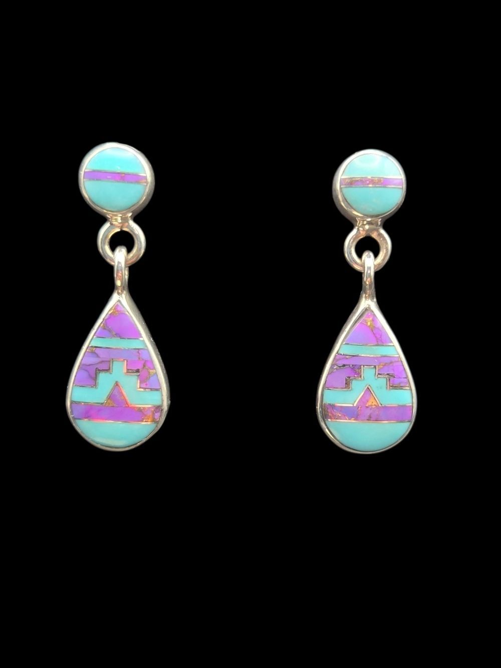 Sterling Silver Turquoise Sugilite Inlay Teardrop Drop Earrings Southwestern